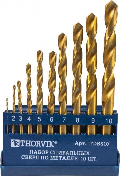Набор спиральных сверл по металлу HSS TiN в пластиковом кейсе, d1.0-10.0 мм, 10 предметов TDBS10