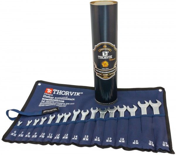 Набор ключей комбинированных в сумке, 16 предметов (6-19, 22, 24 мм) (в тубусе Thorvik) CWS0016T