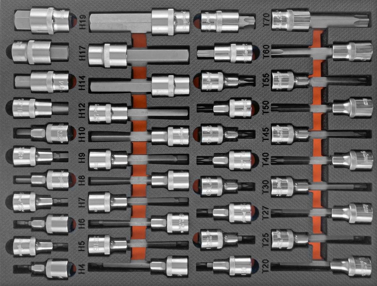Набор торцевых насадок 1/2 со вставками-битами в EVA ложементе 280х375 мм, 42 пр. OMT42STE